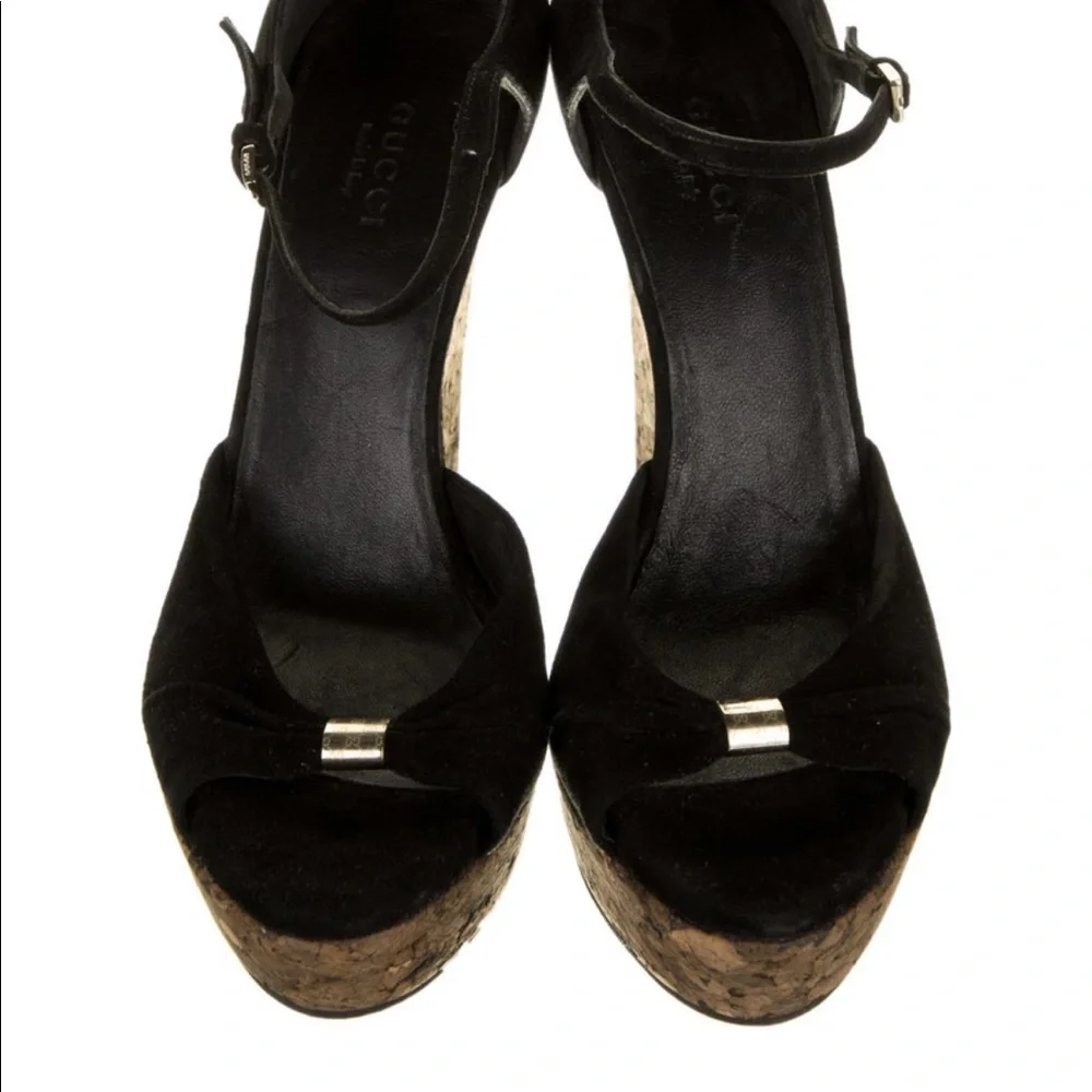 Gucci Black Suede Cork Wedge Sandals